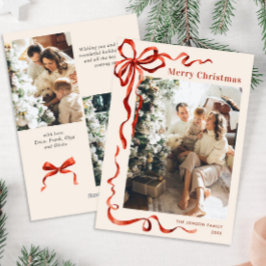 Festive jul Boho Red Bow Ribbon 3 Photo Julkort