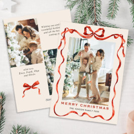Festive jul Boho Red Bow Ribbon 3 Photo Julkort