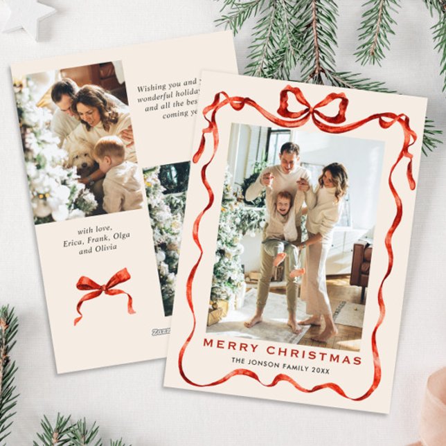 Festive jul Boho Red Bow Ribbon 3 Photo Julkort (Skapare uppladdad)