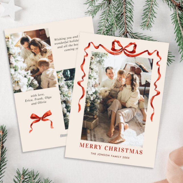 Festive jul Boho Red Bow Ribbon 3 Photo Julkort (Skapare uppladdad)