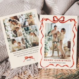Festive jul Boho Red Bow Ribbon 5 Photo Julkort