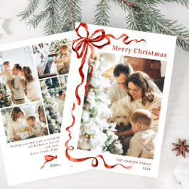 Festive jul Boho Red Bow Ribbon 5 Photo Julkort
