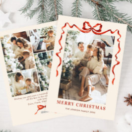 Festive jul Boho Red Bow Ribbon 5 Photo Julkort