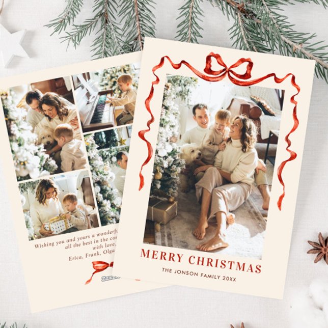 Festive jul Boho Red Bow Ribbon 5 Photo Julkort (Skapare uppladdad)