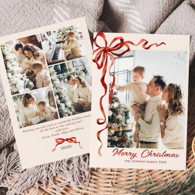 Festive jul Boho Red Bow Ribbon 5 Photo Julkort (Skapare uppladdad)