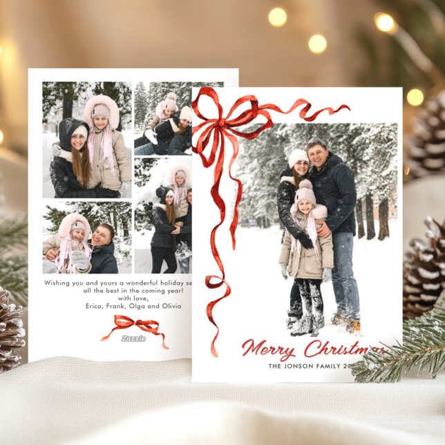 Festive jul Boho Red Bow Ribbon 5 Photo Julkort (Skapare uppladdad)