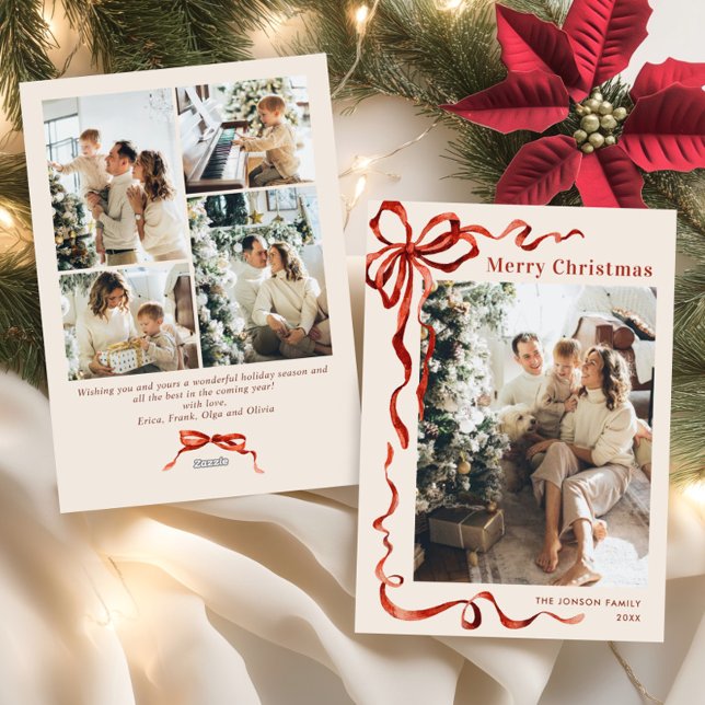 Festive jul Boho Red Bow Ribbon 5 Photo Julkort (Skapare uppladdad)