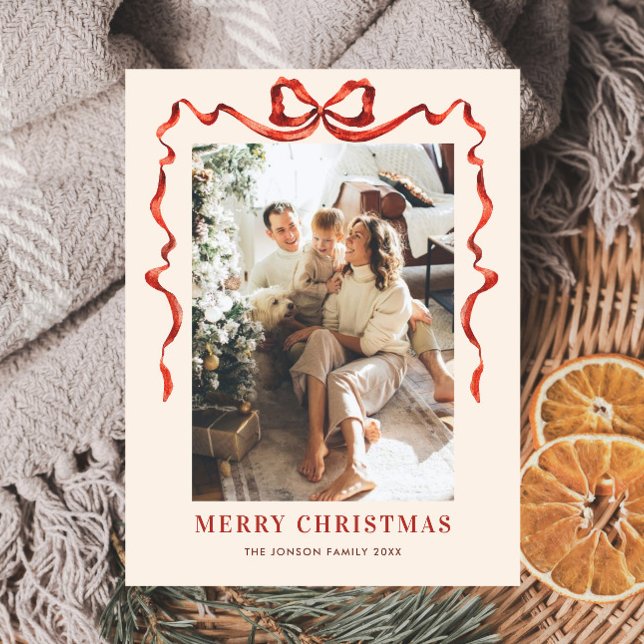 Festive jul Boho Red Bow Ribbon Photo Vykort (Skapare uppladdad)