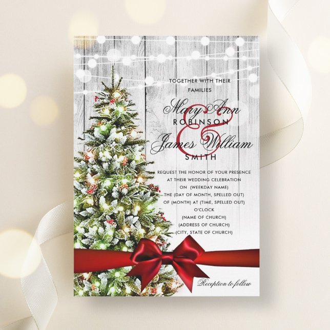 Festive jul Bröllop Träd Ljus och Red Ribbon Inbjudningar (Festive Christmas Wedding Tree Lights & Red Ribbon Invitation)