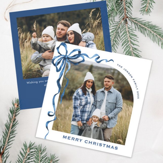 Festive jul Dusty Blue Bow Ribbon 2 Photo Julkort (Skapare uppladdad)