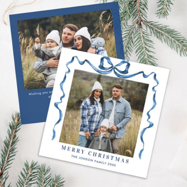 Festive jul Dusty Blue Bow Ribbon 2 Photo Julkort (Skapare uppladdad)