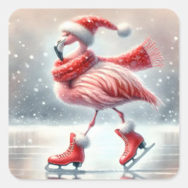 Festive jul Flamingo Ice Skating Fyrkantigt Klistermärke