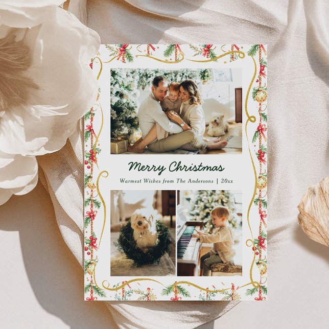 Festive jul Garland & Bow Mönster 3 Photo Julkort (Skapare uppladdad)