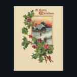 Festive jul Holly and Rustic Winter Scene Vykort<br><div class="desc">Färgfulla festitiva högar av holly på jordnära bakgrund med fredlig,  rustisk vinterscen vid solnedgången i guld ram med A God jul hälsning. Baksidan har anpassningsbarnas kompletterande grafik med redigerbar fält.</div>