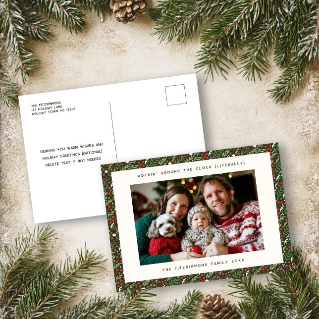 Festive jul Holly Helgdag Photo Postcard Helg Vykort (Holly Leaf Christmas horizontal photo post card)