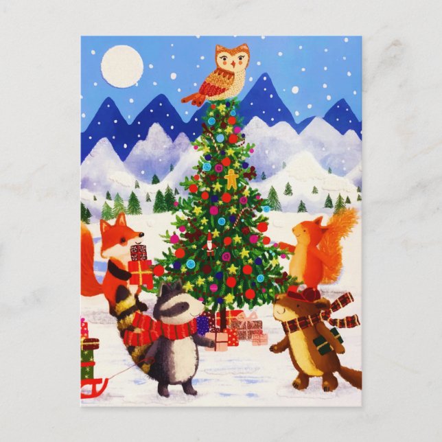 Festive jul Mountain Woodland Animal Family Helg Vykort (Framsida)