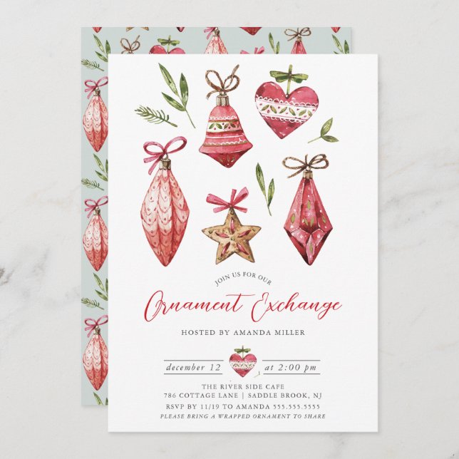 Festive jul Ornament Exchange Party Inbjudningar (Fram/baksida)