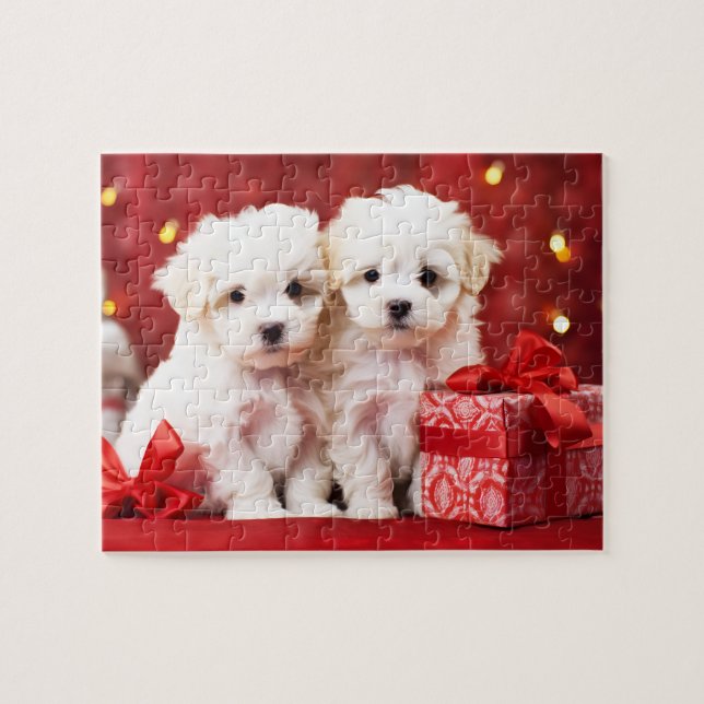 Festive jul Puppy Duo Jigszle Puzzle Pussel (Horisontell)