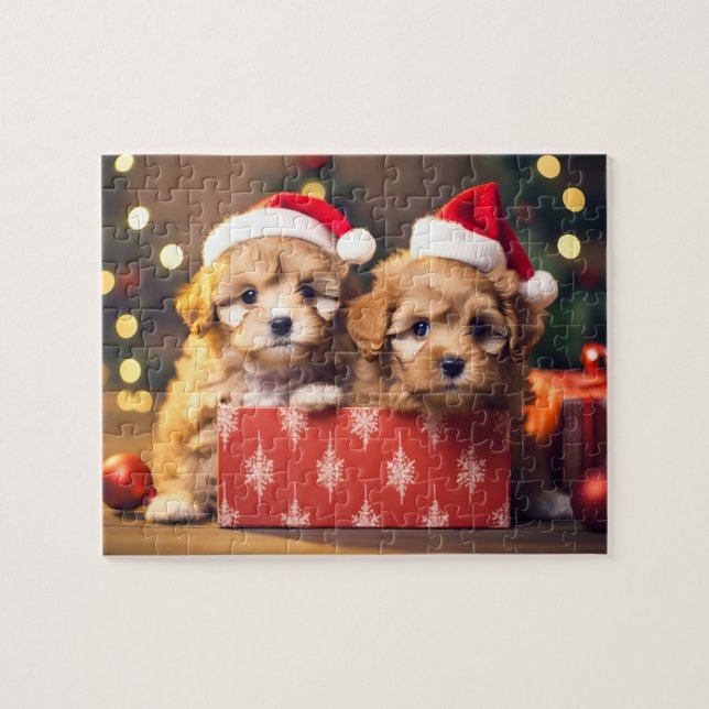 Festive jul Puppy Duo Jigszle Puzzle Pussel (Horisontell)