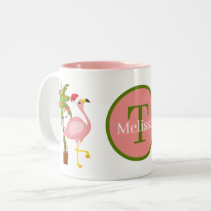Festive jul-rosa flamingo monogram Två-Tonad mugg