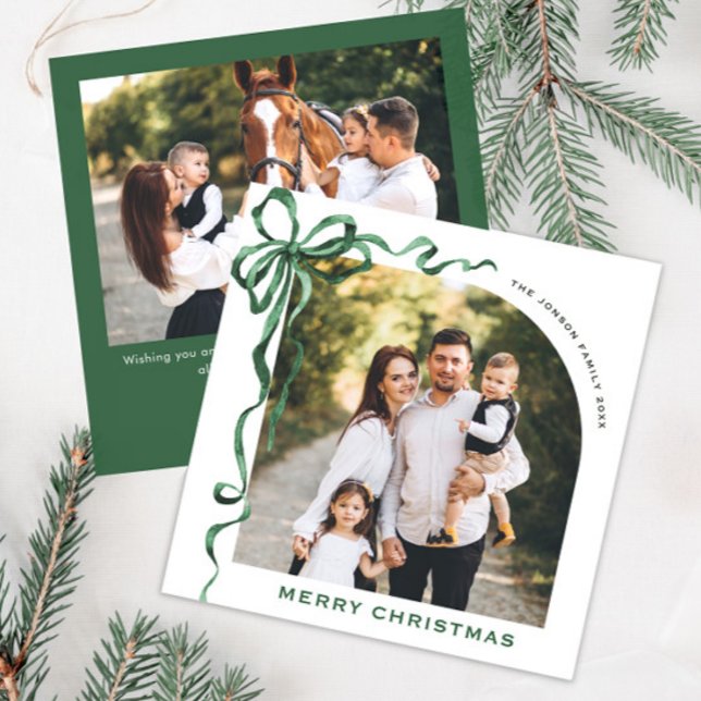 Festive jul Sage Grönt Bow Ribbon 2 Photo Julkort (Skapare uppladdad)