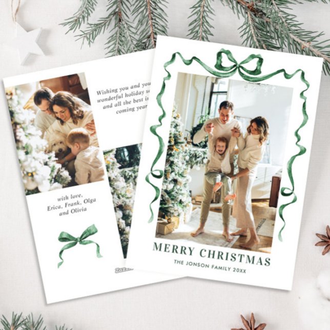 Festive jul Sage Grönt Bow Ribbon 3 Photo Julkort (Skapare uppladdad)