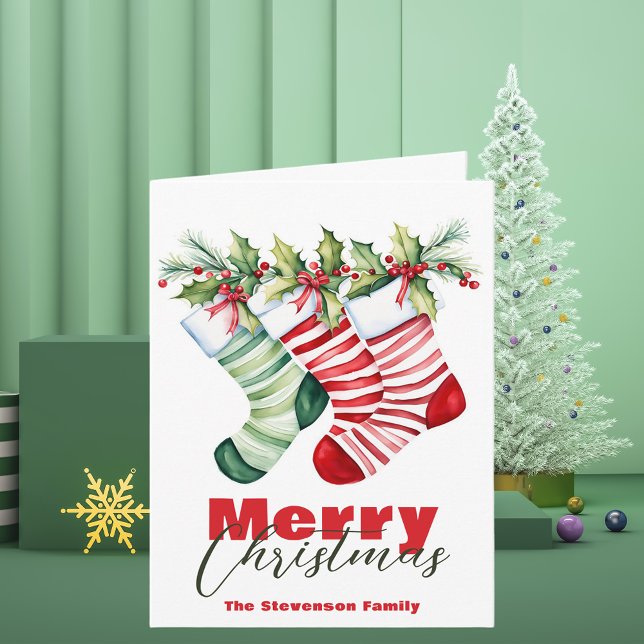 Festive jul Stripe Stockings with Greenery Kort (Skapare uppladdad)