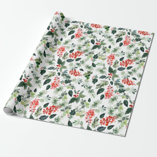 Festive jul Watercolor Foliage Holly Berry Presentpapper (Utrullad)