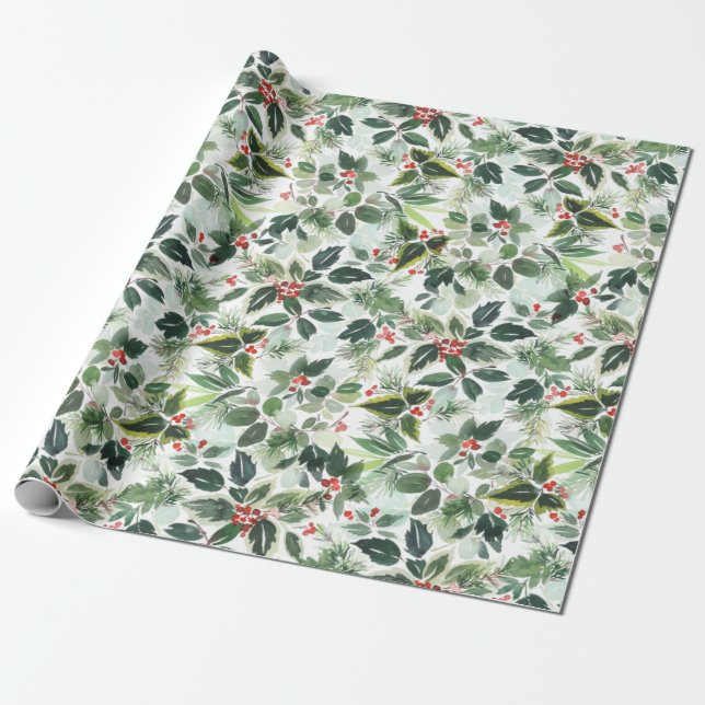 Festive jul Watercolor Foliage Holly Berry Presentpapper (Utrullad)
