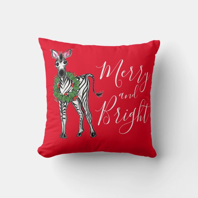 Festive jul Zebra, röd grönt Holly-andedräkt Kudde (Framsida)