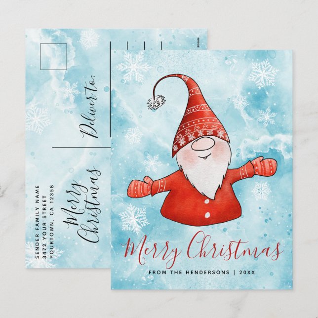 Festive Julafton Blue Red Cute Gnome God jul Helg Vykort (Fram/baksida)