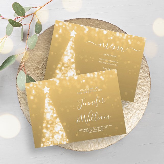 Festive Julafton Träd Guld Bröllop Menu Inbjudningar (Festive Xmas Tree Gold Wedding Menu Invitation)