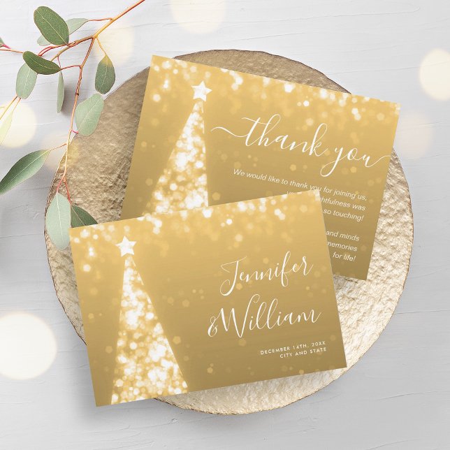 Festive Julafton Träd Guld Bröllop - tackkort Inbjudningar (Festive Xmas Tree Gold Wedding Thank You Card)