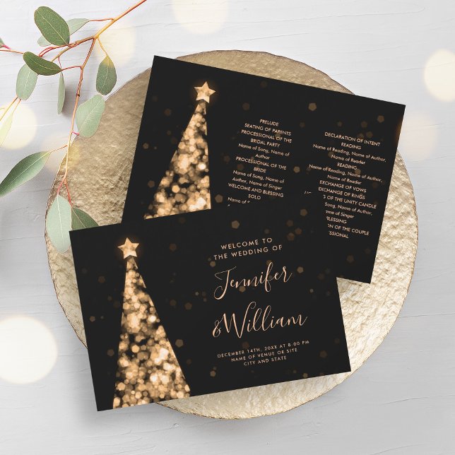 Festive Julafton Träd Guld Bröllopsprogram Inbjudningar (Festive Xmas Tree Gold Wedding Program)