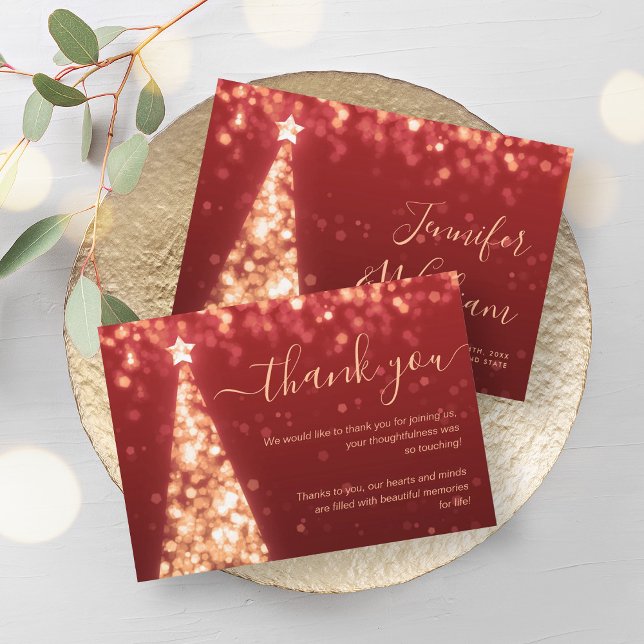 Festive Julafton Träd Guld Red Bröllop, tackkort Inbjudningar (Festive Xmas Tree Gold Red Wedding Thank You Card)