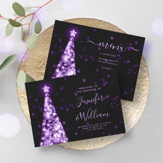 Festive Julafton Träd Lila Bröllop Menu Inbjudningar (Festive Xmas Tree Purple Wedding Menu Invitation)