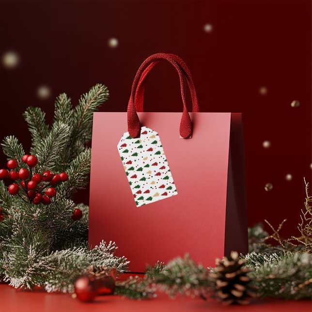 Festive Julafton Träd Mönster Red, Grönt & Guld Presentetikett (Skapare uppladdad)