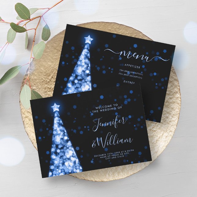 Festive Julafton Träd Navy Blue Bröllop Menu Inbjudningar (Festive Xmas Tree Navy Blue Wedding Menu Invitation)
