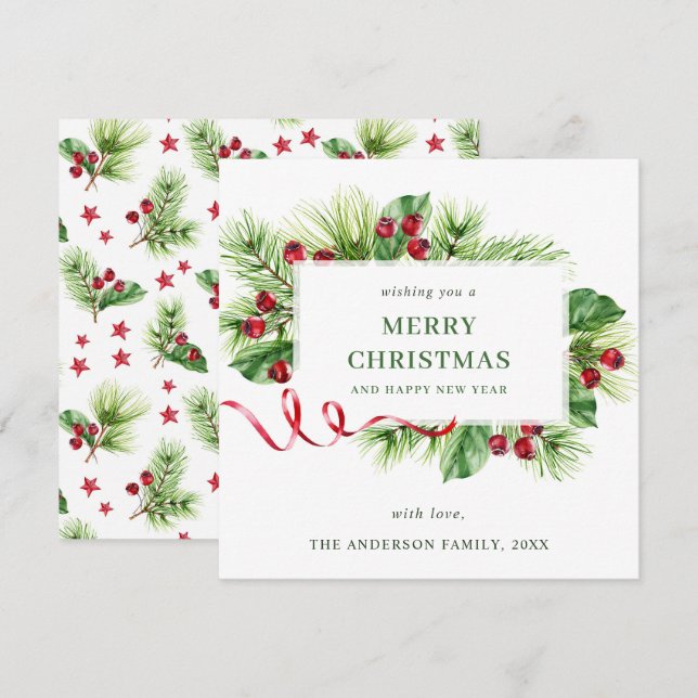 Festive julbärskrans julhälsning julkort (Fram/baksida)