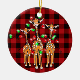 Festive julgiraffes, rödsvart pläd julgransprydnad keramik