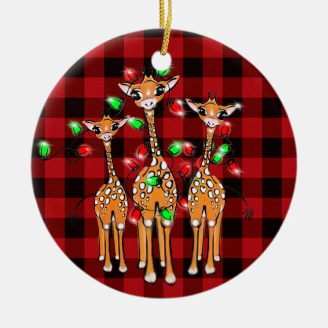 Festive julgiraffes, rödsvart pläd julgransprydnad keramik (Framsidan)