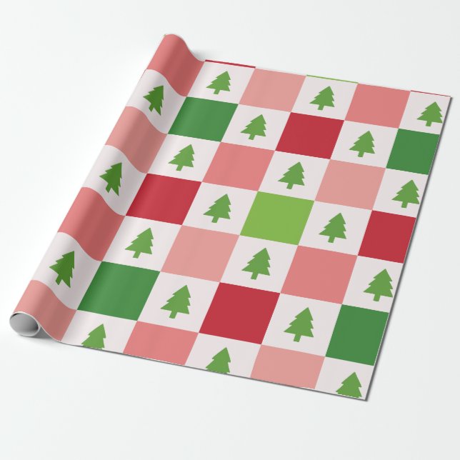 Festive Julgran Checkerboard Mönster Presentpapper (Utrullad)