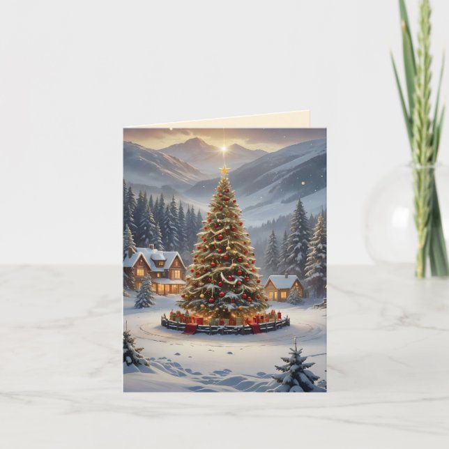 Festive Julgran i en bergsby Helgkort (Framsida)