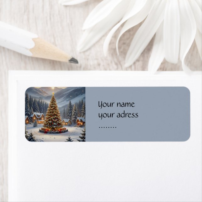 Festive Julgran i en bergsby Returadress Etikett (Insitu)