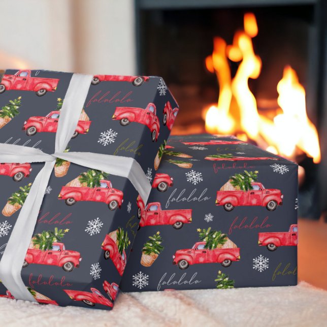 Festive Julgran red water color lastbil Presentpapper (Festive Christmas tree red watercolor truck Wrapping Paper on blue)