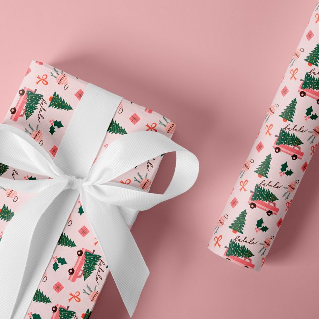 Festive Julgran Rosa Vintage Retro Van Presentpapper (Festive Christmas Tree Pink Vintage Retro Van Wrapping Paper)