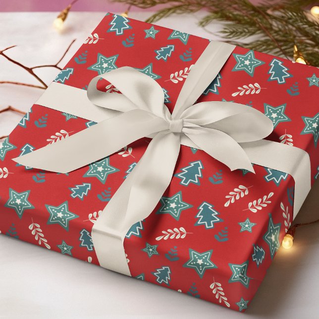 Festive Julgran Star Modern Red Grönt Presentpapper (Skapare uppladdad)