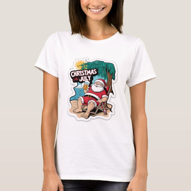 Festive Jultomten Relaxing on Tropical Shore T Shirt (Framsida)