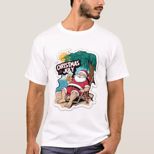 Festive Jultomten Relaxing on Tropical Shore T Shirt (Framsida)