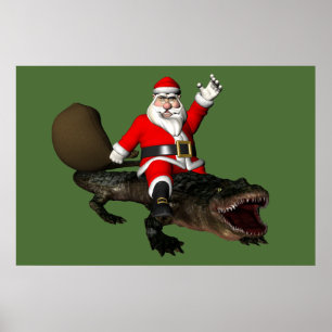 Festive Jultomten rider en alligator Poster